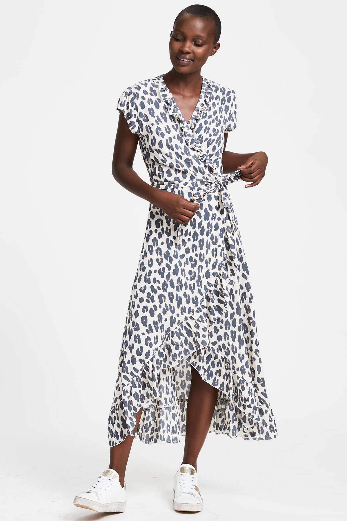 Aspiga Sustainable Viscose Wrap Midi Dress | Leopard Print Grey